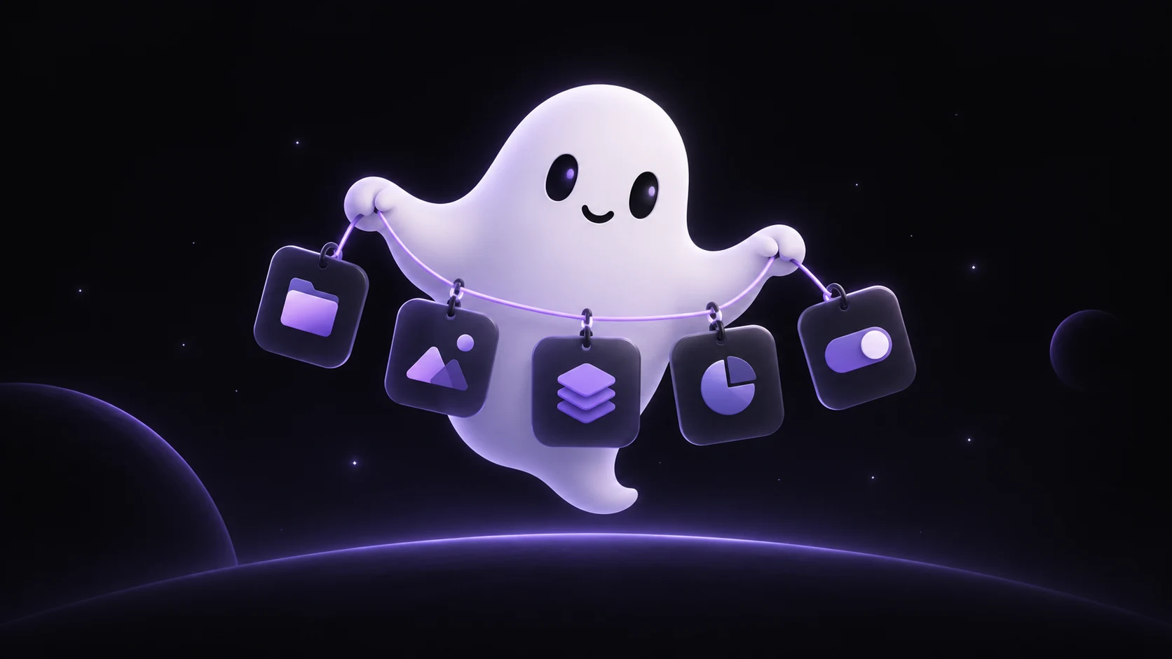 Spaceback’s friendly ghost holding glowing purple cleanup tools, floating among stars and planets.